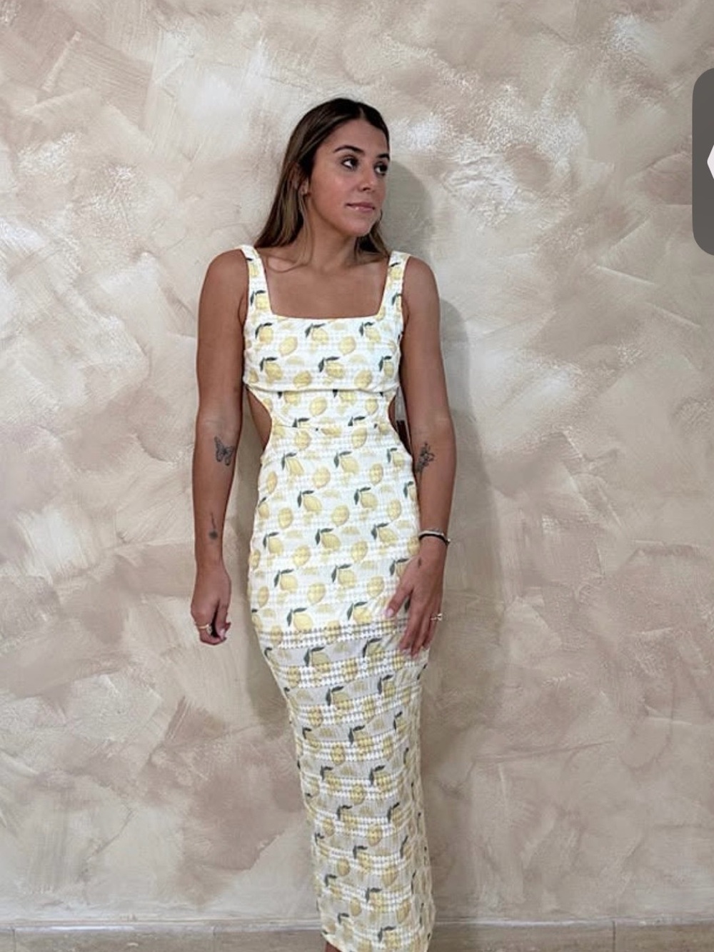 Square-Neck Lemon Print Maxi Dress in Yellow